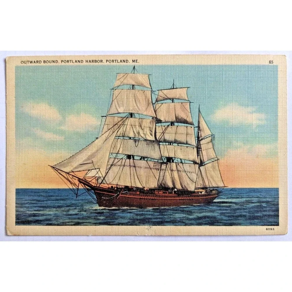 Outward Bound Ship, Portland Harbor, Portland Maine Vintage Linen Postcard‎ F3